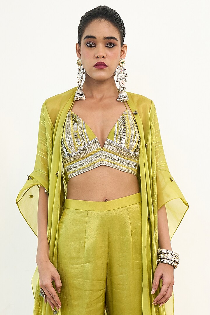 Lime Green Organza & Chanderi Silk Hand Embroidered Cape Set by Rishi & Vibhuti at Pernia's Pop Up Shop