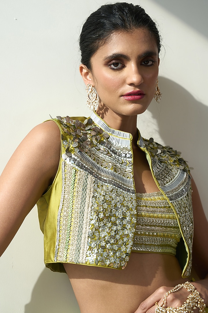 Lime Green Taffeta Handwork Jacket Set by Rishi & Vibhuti at Pernia's Pop Up Shop