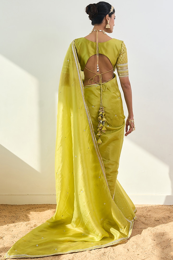 Lime Green Organza & Chanderi Cutwork Wedding Saree Set by Rishi & Vibhuti at Pernia's Pop Up Shop