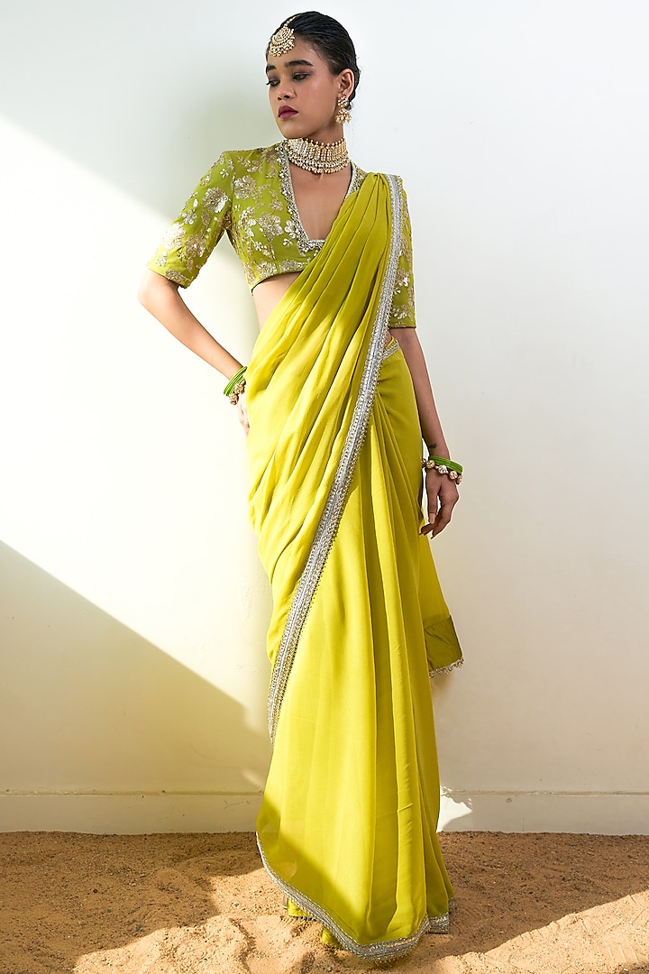 Lime Green Georgette Cutwork Saree Set by Rishi & Vibhuti