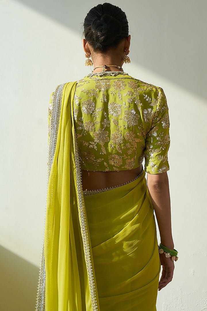 Lime Green Georgette Cutwork Wedding Saree Set by Rishi & Vibhuti at Pernia's Pop Up Shop
