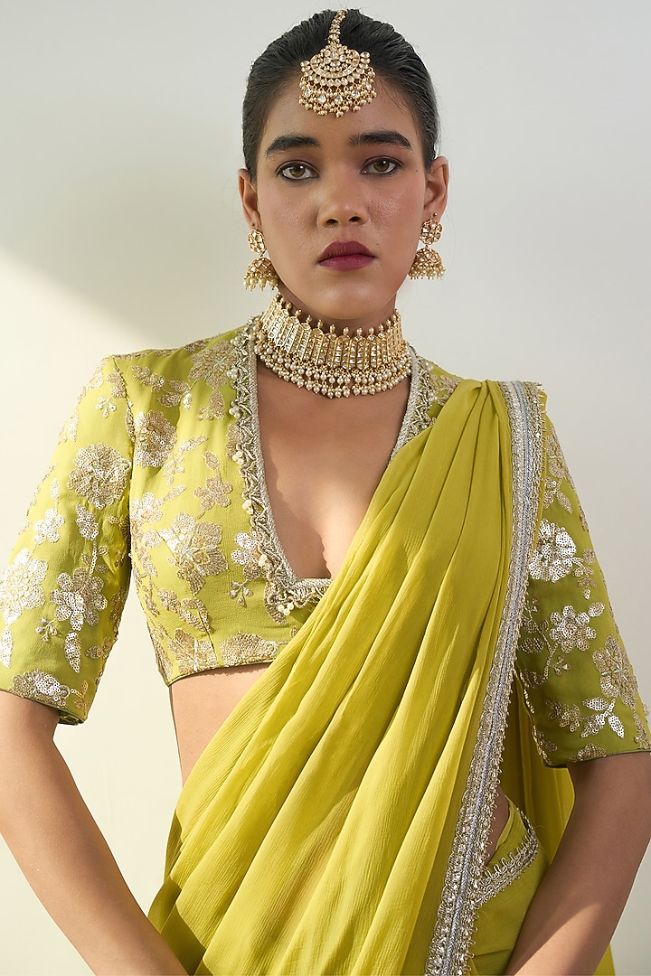 Lime Green Georgette Cutwork Wedding Saree Set by Rishi & Vibhuti at Pernia's Pop Up Shop