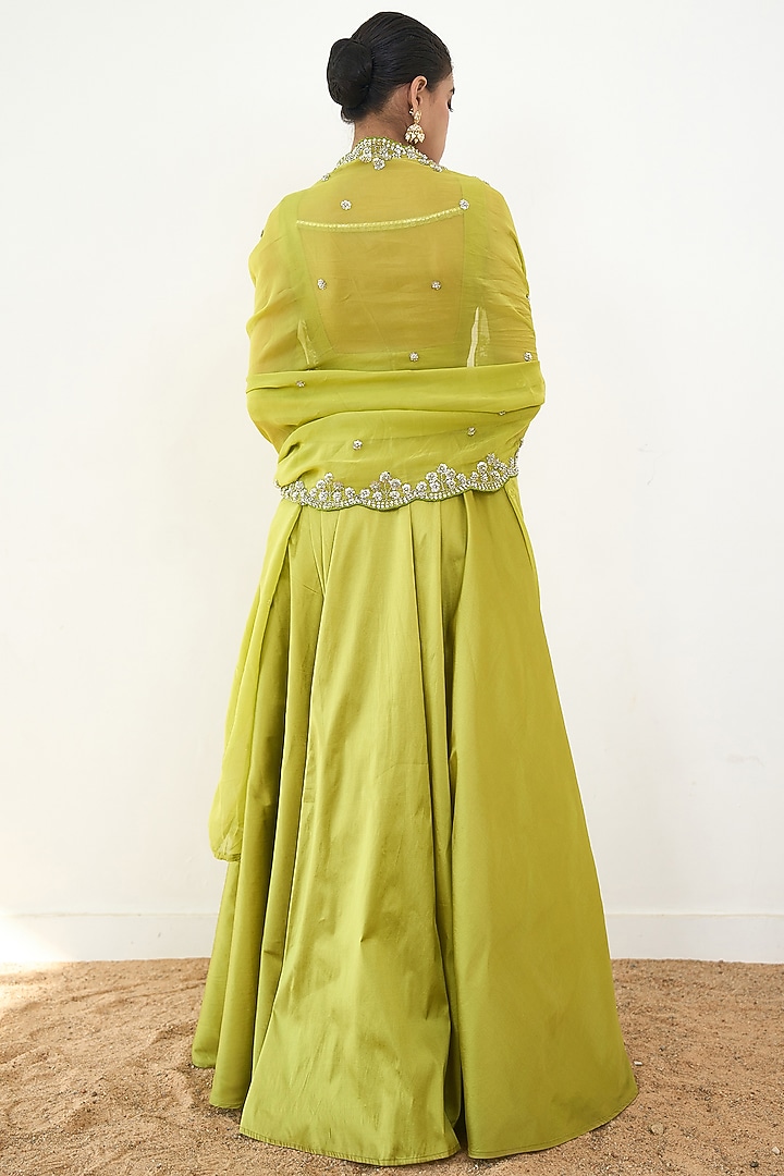 Lime Green Taffeta & Organza Handwork Wedding Lehenga Set by Rishi & Vibhuti at Pernia's Pop Up Shop