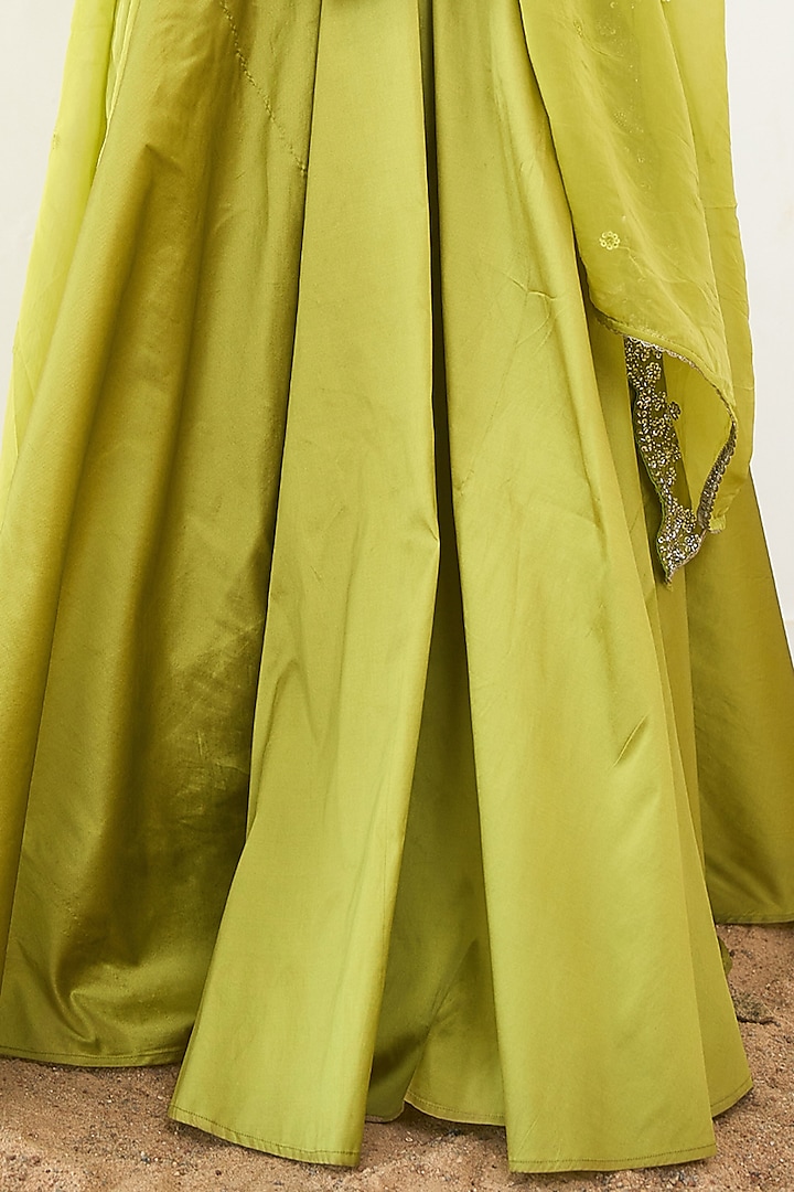 Lime Green Taffeta & Organza Handwork Wedding Lehenga Set by Rishi & Vibhuti at Pernia's Pop Up Shop