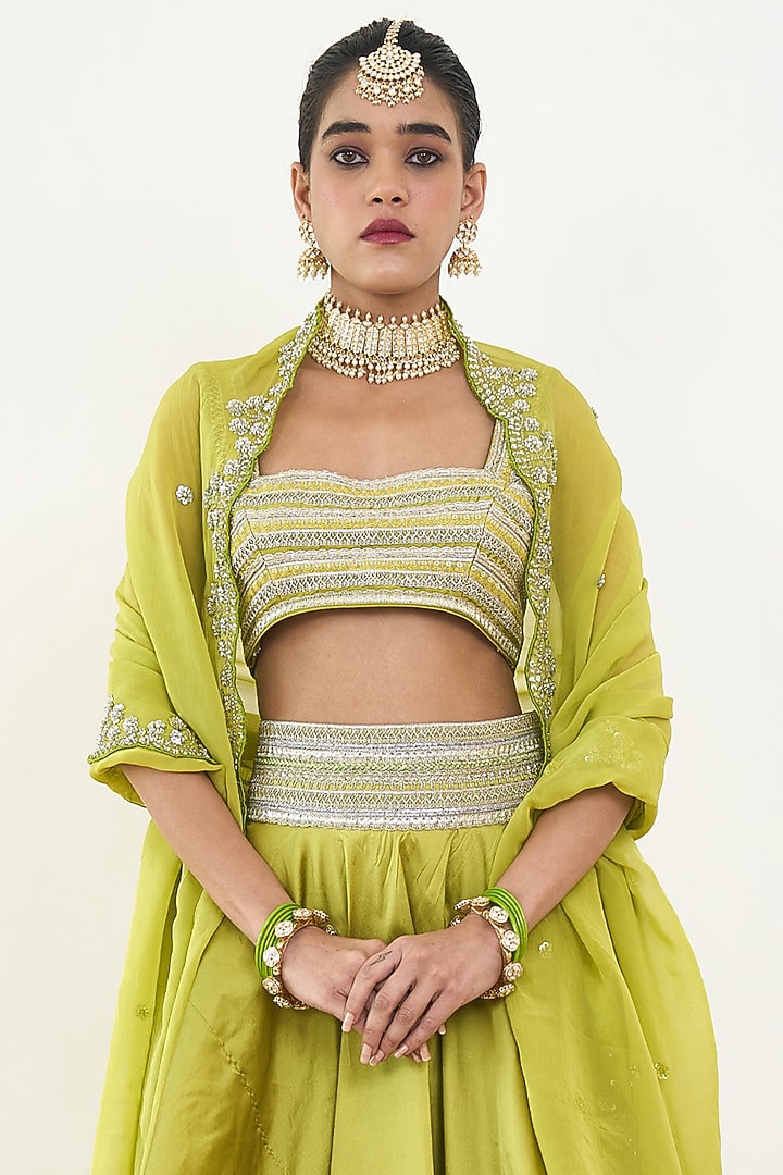 Lime Green Taffeta & Organza Handwork Wedding Lehenga Set by Rishi & Vibhuti at Pernia's Pop Up Shop