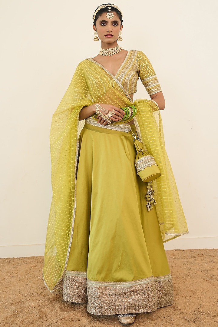 Lime Green Georgette & Chanderi Silk Handwork Lehenga Set by Rishi & Vibhuti