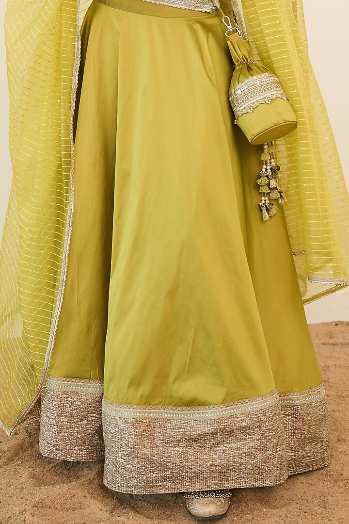 Lime Green Georgette & Chanderi Silk Handwork Wedding Lehenga Set by Rishi & Vibhuti at Pernia's Pop Up Shop