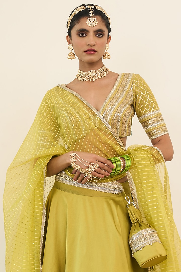 Lime Green Georgette & Chanderi Silk Handwork Wedding Lehenga Set by Rishi & Vibhuti at Pernia's Pop Up Shop