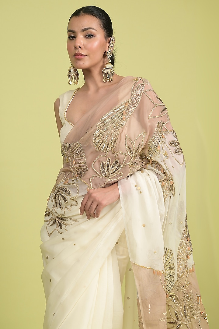 Ivory & Gold Organza Sequin Embellished Reception Saree Set by Rishi & Vibhuti at Pernia's Pop Up Shop
