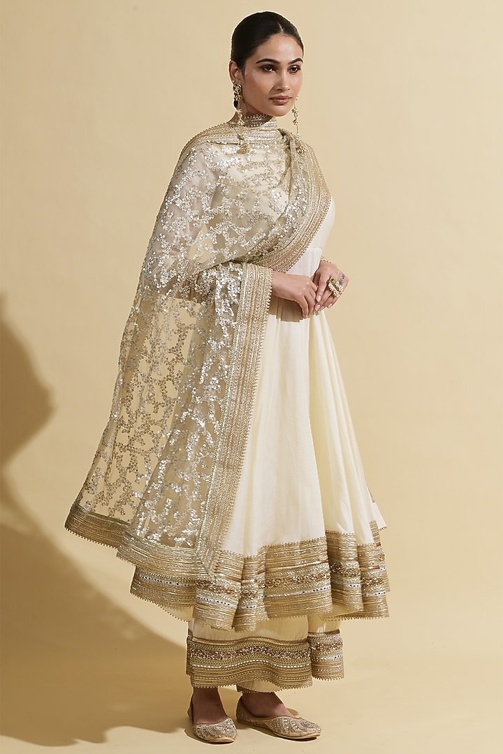Ivory & Gold Chanderi Sequin Embellished Wedding Anarkali Set by Rishi & Vibhuti at Pernia's Pop Up Shop