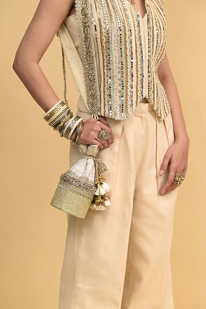 Ivory & Gold Egyptian Cotton Canvas Pant Set by Rishi & Vibhuti at Pernia's Pop Up Shop