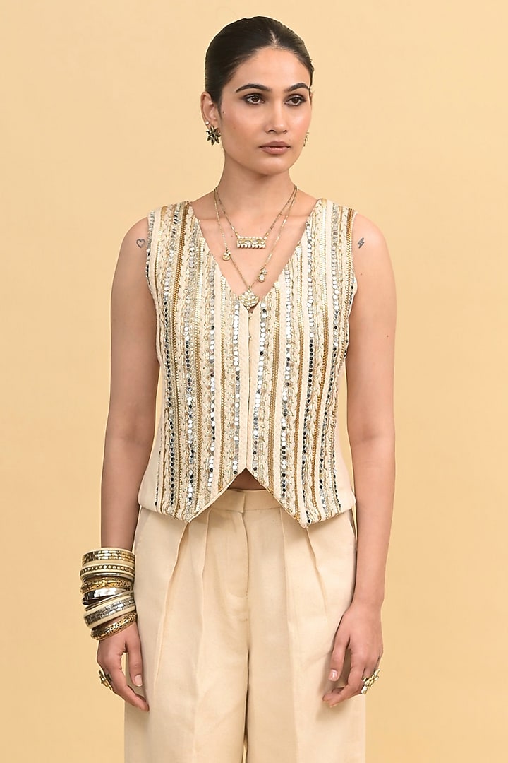 Ivory & Gold Egyptian Cotton Canvas Pant Set by Rishi & Vibhuti at Pernia's Pop Up Shop