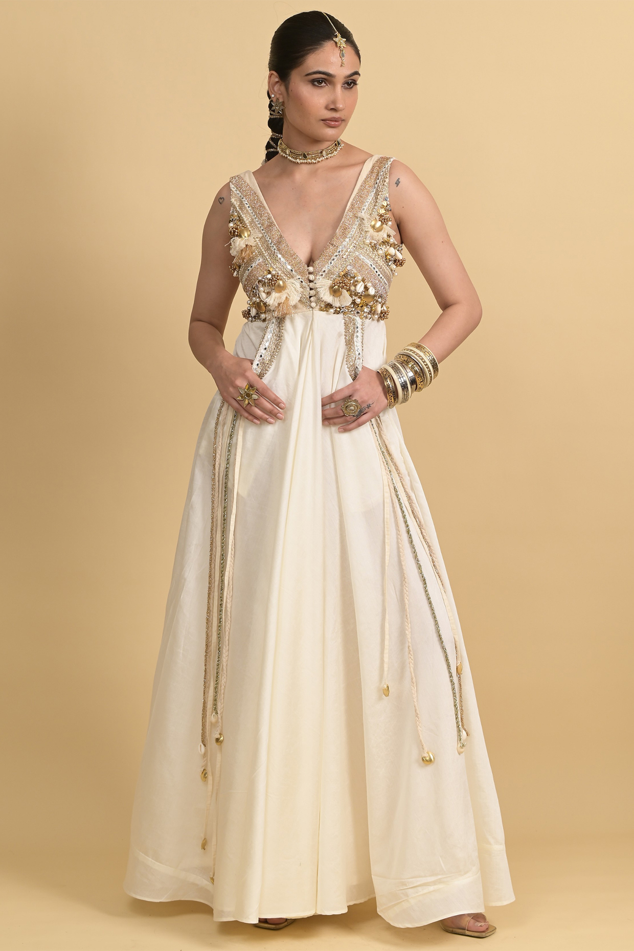 Ivory Chanderi Sequin Embellished Jumpsuit by Rishi & Vibhuti at Pernia's Pop Up Shop