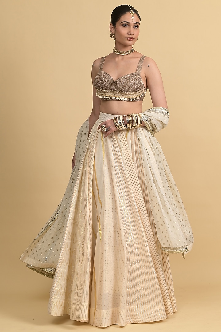 Ivory Crushed Silk & Egyptian Cotton Skirt Set by Rishi & Vibhuti at Pernia's Pop Up Shop