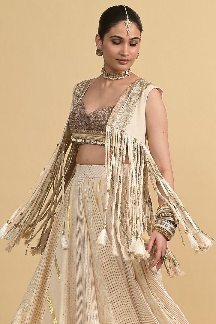 Ivory Crushed Silk & Egyptian Cotton Skirt Set by Rishi & Vibhuti at Pernia's Pop Up Shop