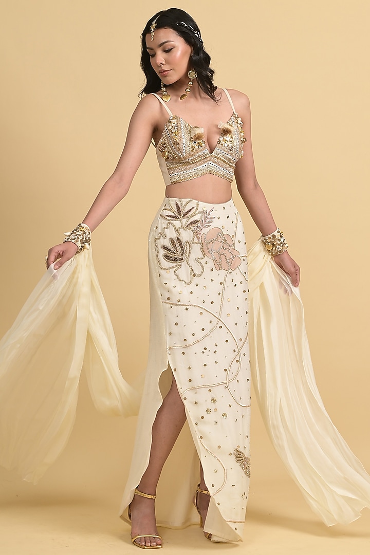 Ivory Georgette Applique & Sequin Embellished Skirt Set by Rishi & Vibhuti at Pernia's Pop Up Shop