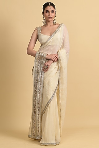 Ivory Georgette & Chanderi Silk Embroidered Saree Set by Rishi & Vibhuti