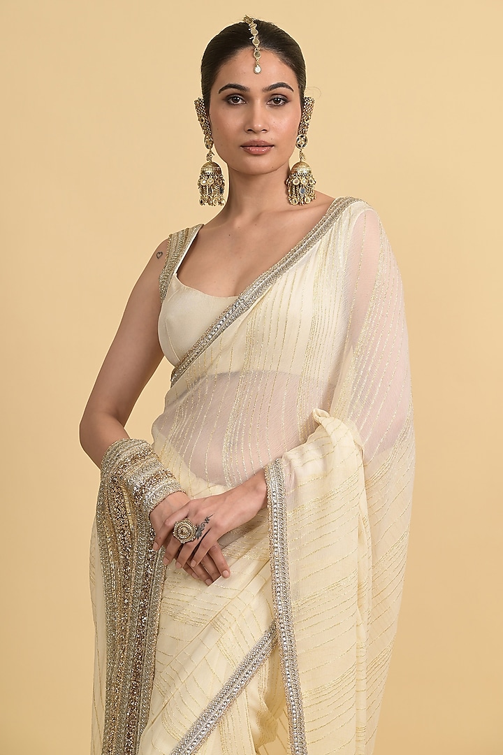 Ivory Georgette & Chanderi Silk Embroidered Wedding Saree Set by Rishi & Vibhuti at Pernia's Pop Up Shop
