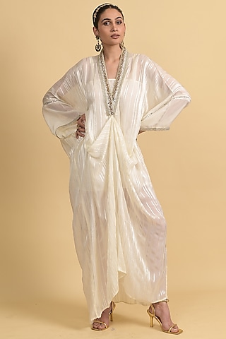 Ivory Lurex Organza Kaftan by Rishi & Vibhuti
