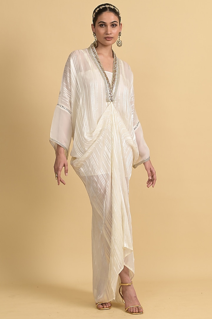 Ivory Lurex Organza Kaftan by Rishi & Vibhuti at Pernia's Pop Up Shop