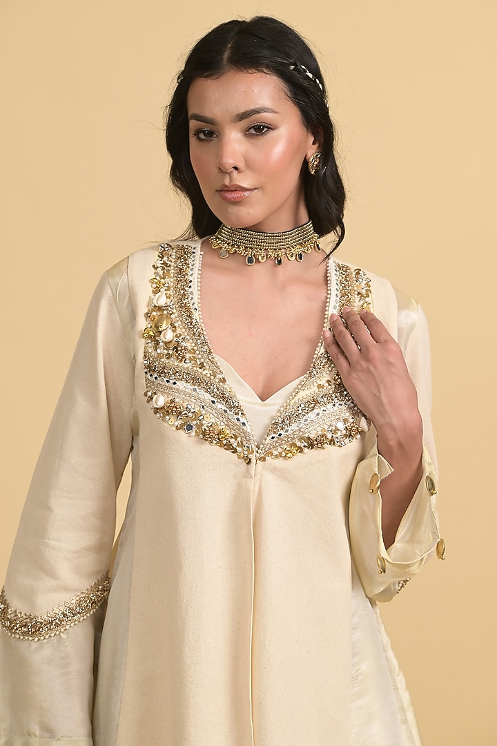 Ivory Chanderi Silk Asymmetric Pant Set by Rishi & Vibhuti at Pernia's Pop Up Shop
