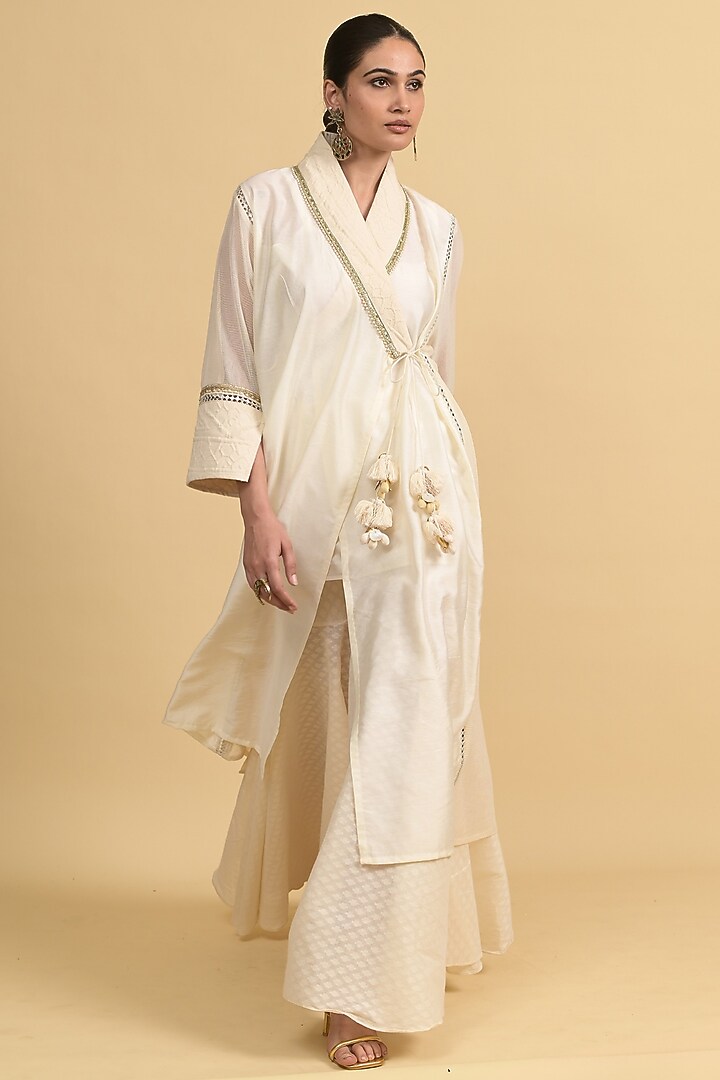 Ivory Chanderi SIlk Angrakha Kurta Set by Rishi & Vibhuti at Pernia's Pop Up Shop