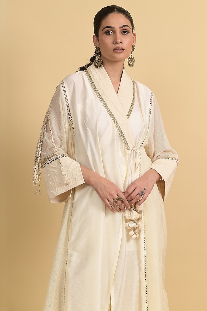 Ivory Chanderi SIlk Angrakha Kurta Set by Rishi & Vibhuti at Pernia's Pop Up Shop