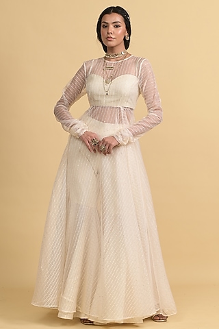 Ivory Shimmer Organza Anarkali Set by Rishi & Vibhuti