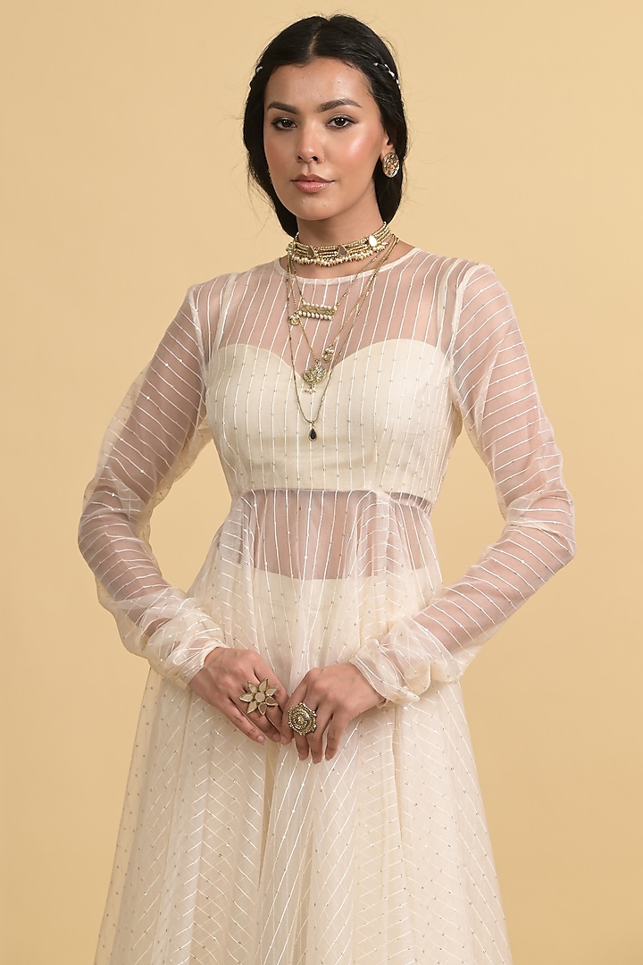 Ivory Shimmer Organza Wedding Anarkali Set by Rishi & Vibhuti at Pernia's Pop Up Shop