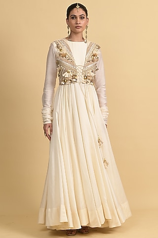 Ivory Chanderi Anarkali Set by Rishi & Vibhuti
