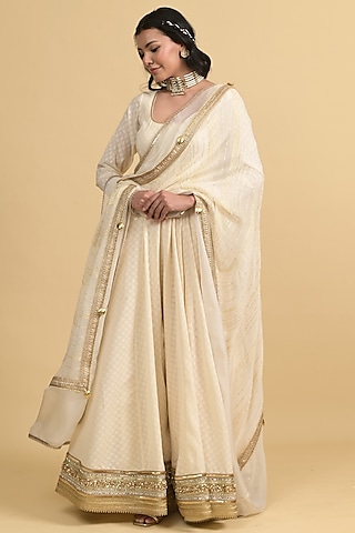 Ivory Egyptian Cotton & Georgette Anarkali Set by Rishi & Vibhuti