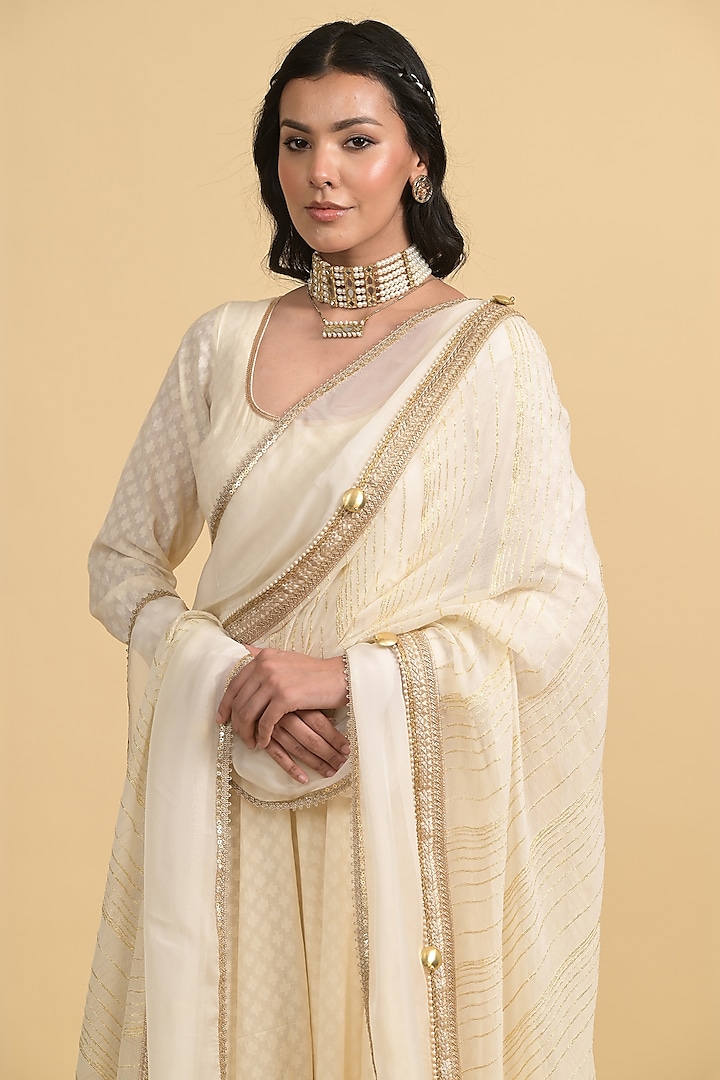 Ivory Egyptian Cotton & Georgette Wedding Anarkali Set by Rishi & Vibhuti at Pernia's Pop Up Shop