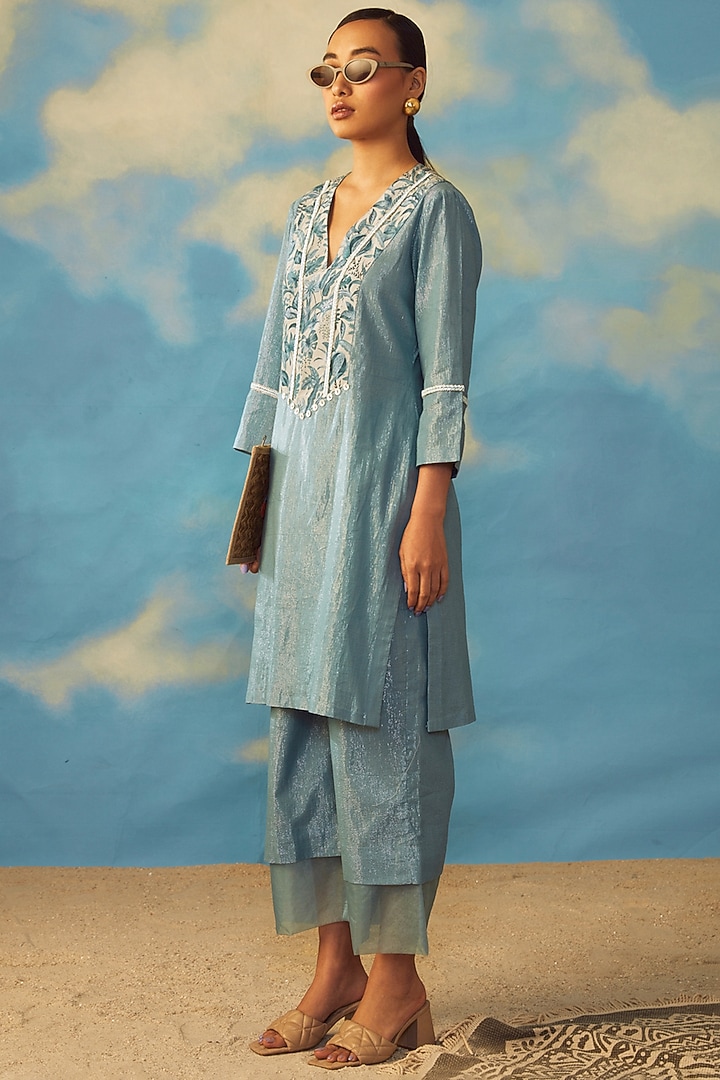 Turquoise Cotton Lurex Kurta Set by Rishi & Vibhuti at Pernia's Pop Up Shop