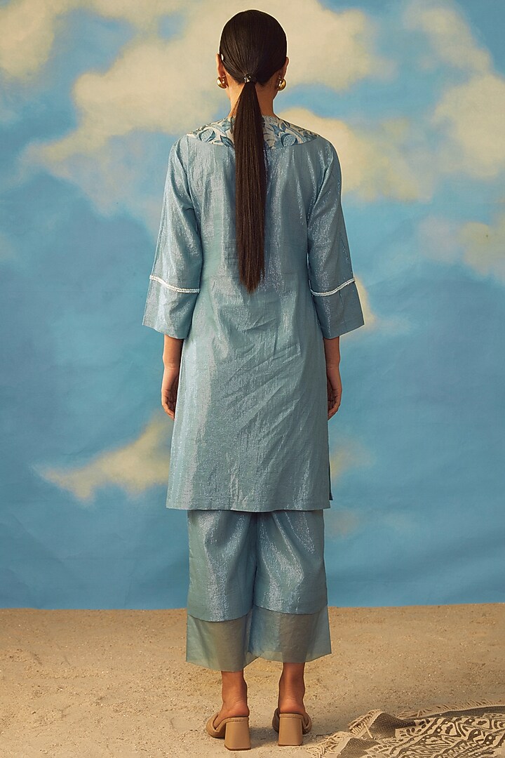 Turquoise Cotton Lurex Kurta Set by Rishi & Vibhuti at Pernia's Pop Up Shop