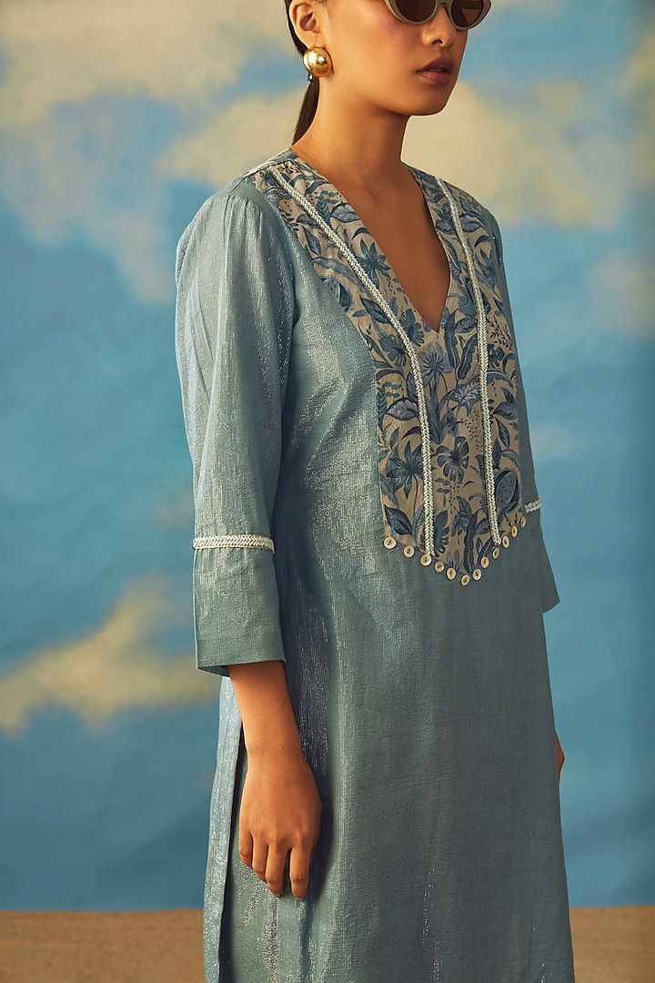 Turquoise Cotton Lurex Kurta Set by Rishi & Vibhuti at Pernia's Pop Up Shop