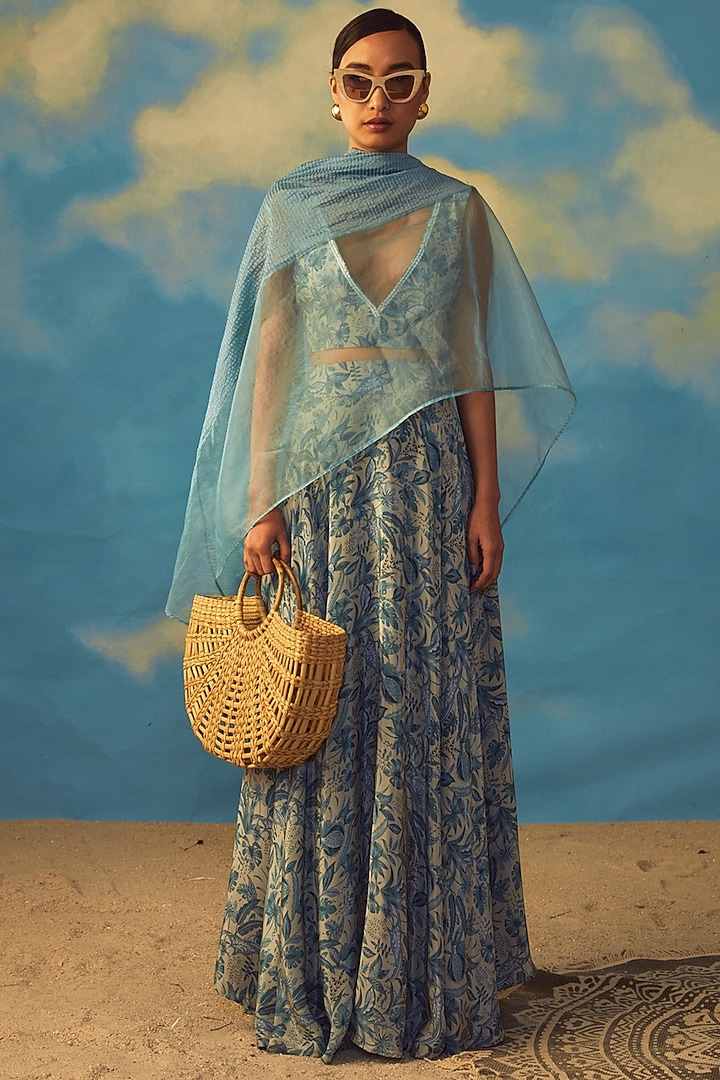 Turquoise Crepe Skirt Set by Rishi & Vibhuti at Pernia's Pop Up Shop