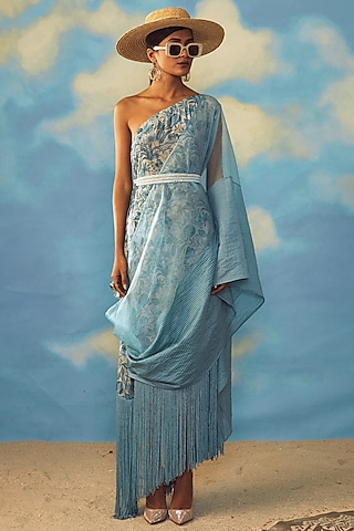 Turquoise Crepe Embroidered Tunic by Rishi & Vibhuti