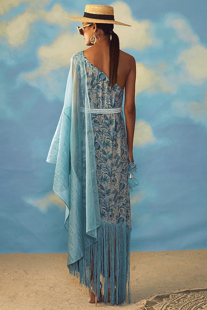 Turquoise Crepe Embroidered Tunic by Rishi & Vibhuti at Pernia's Pop Up Shop