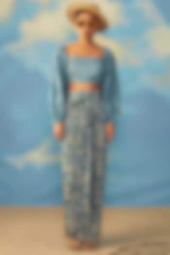 Turquoise Cotton Lurex Printed Skirt Set by Rishi & Vibhuti at Pernia's Pop Up Shop