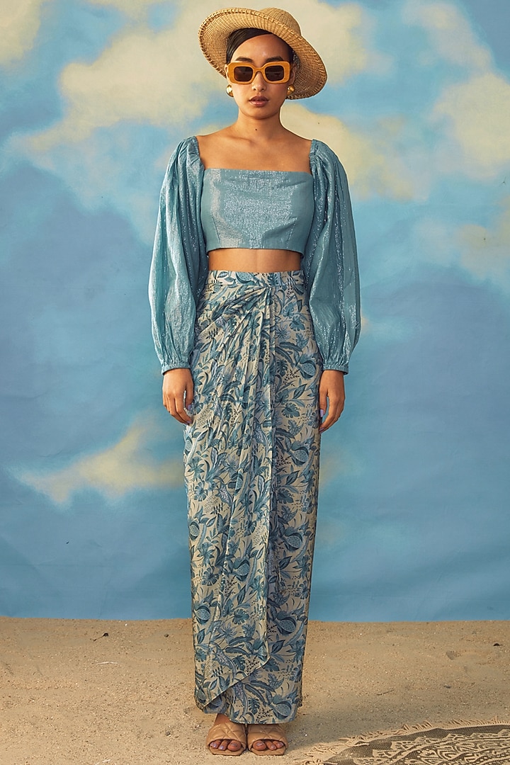 Turquoise Cotton Lurex Printed Skirt Set by Rishi & Vibhuti at Pernia's Pop Up Shop