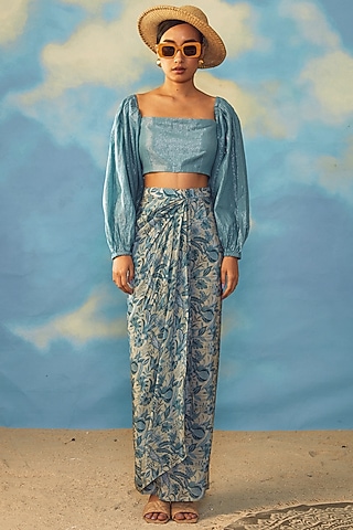 Turquoise Cotton Lurex Printed Skirt Set by Rishi & Vibhuti