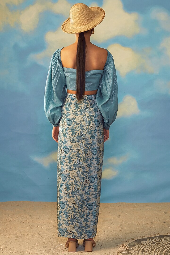 Turquoise Cotton Lurex Printed Skirt Set by Rishi & Vibhuti at Pernia's Pop Up Shop