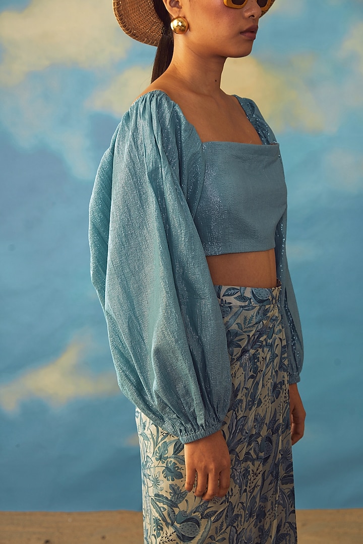 Turquoise Cotton Lurex Printed Skirt Set by Rishi & Vibhuti at Pernia's Pop Up Shop