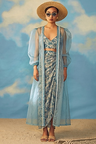 Turquoise Organza Cape Set by Rishi & Vibhuti