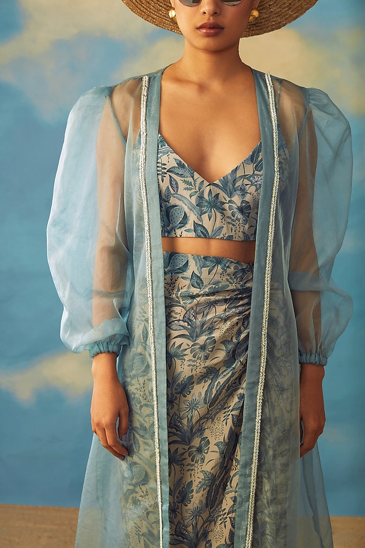 Turquoise Organza Cape Set by Rishi & Vibhuti at Pernia's Pop Up Shop