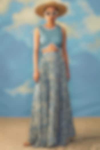 Dusky Blue Crepe & Cotton Lurex Skirt Set by Rishi & Vibhuti at Pernia's Pop Up Shop