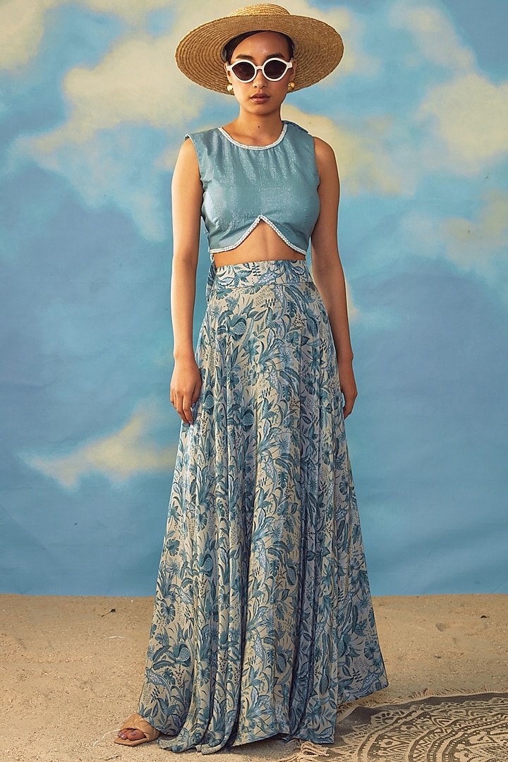 Dusky Blue Crepe & Cotton Lurex Skirt Set by Rishi & Vibhuti at Pernia's Pop Up Shop