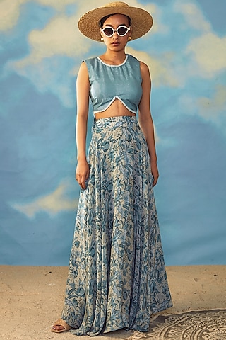 Dusky Blue Crepe & Cotton Lurex Skirt Set by Rishi & Vibhuti