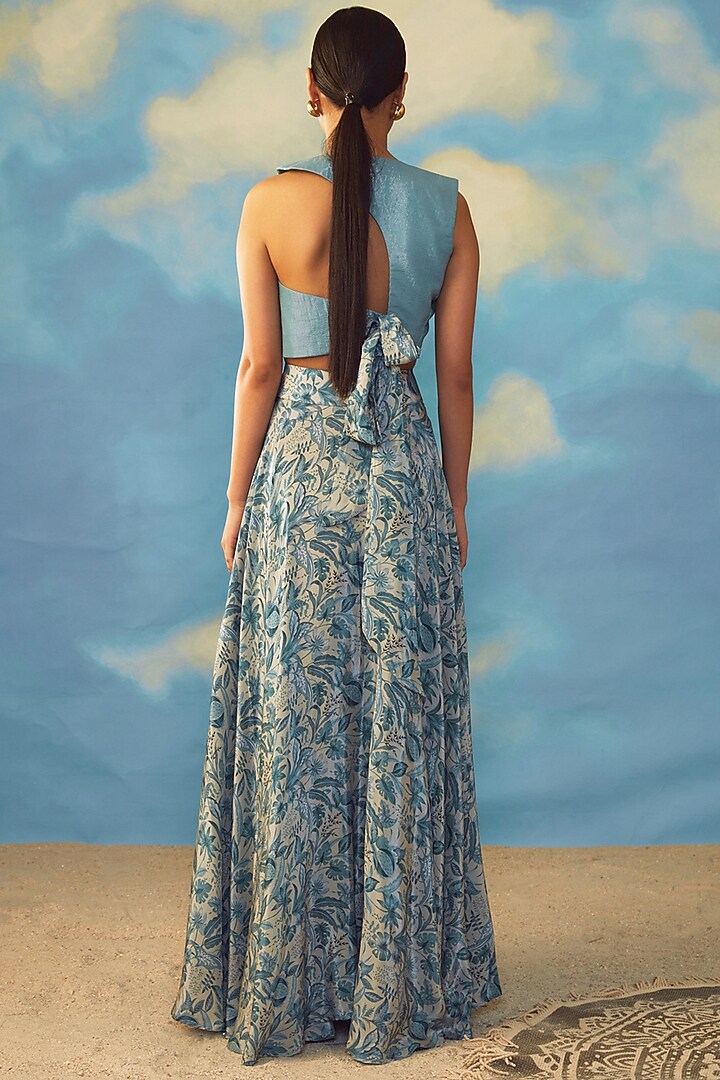 Dusky Blue Crepe & Cotton Lurex Skirt Set by Rishi & Vibhuti at Pernia's Pop Up Shop
