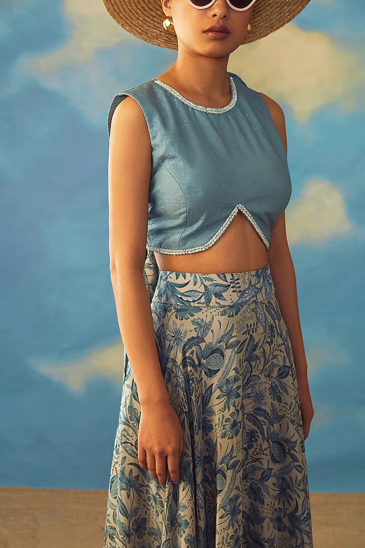 Dusky Blue Crepe & Cotton Lurex Skirt Set by Rishi & Vibhuti at Pernia's Pop Up Shop